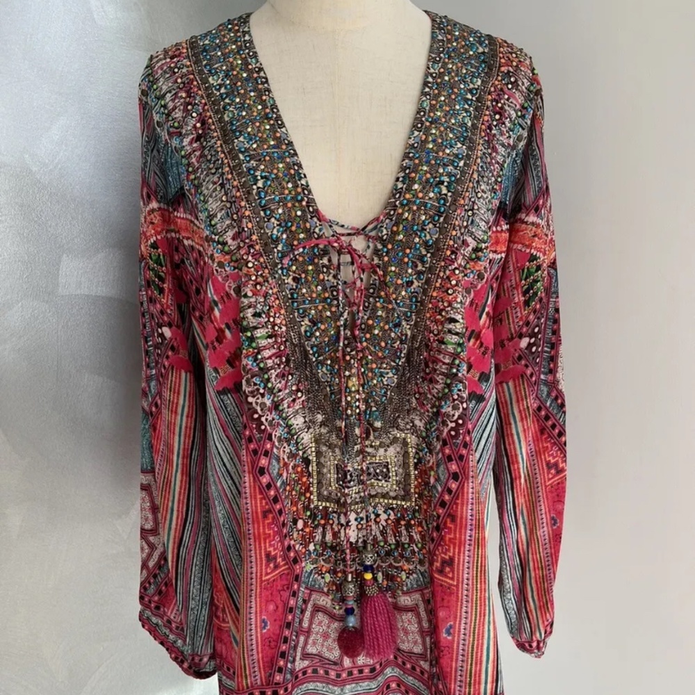 CAMILLA FABRIC OF MY FOREBEARS BOHO TIE UP SILK BLOUSE EMBELLISHED SZ 1 FITS 10